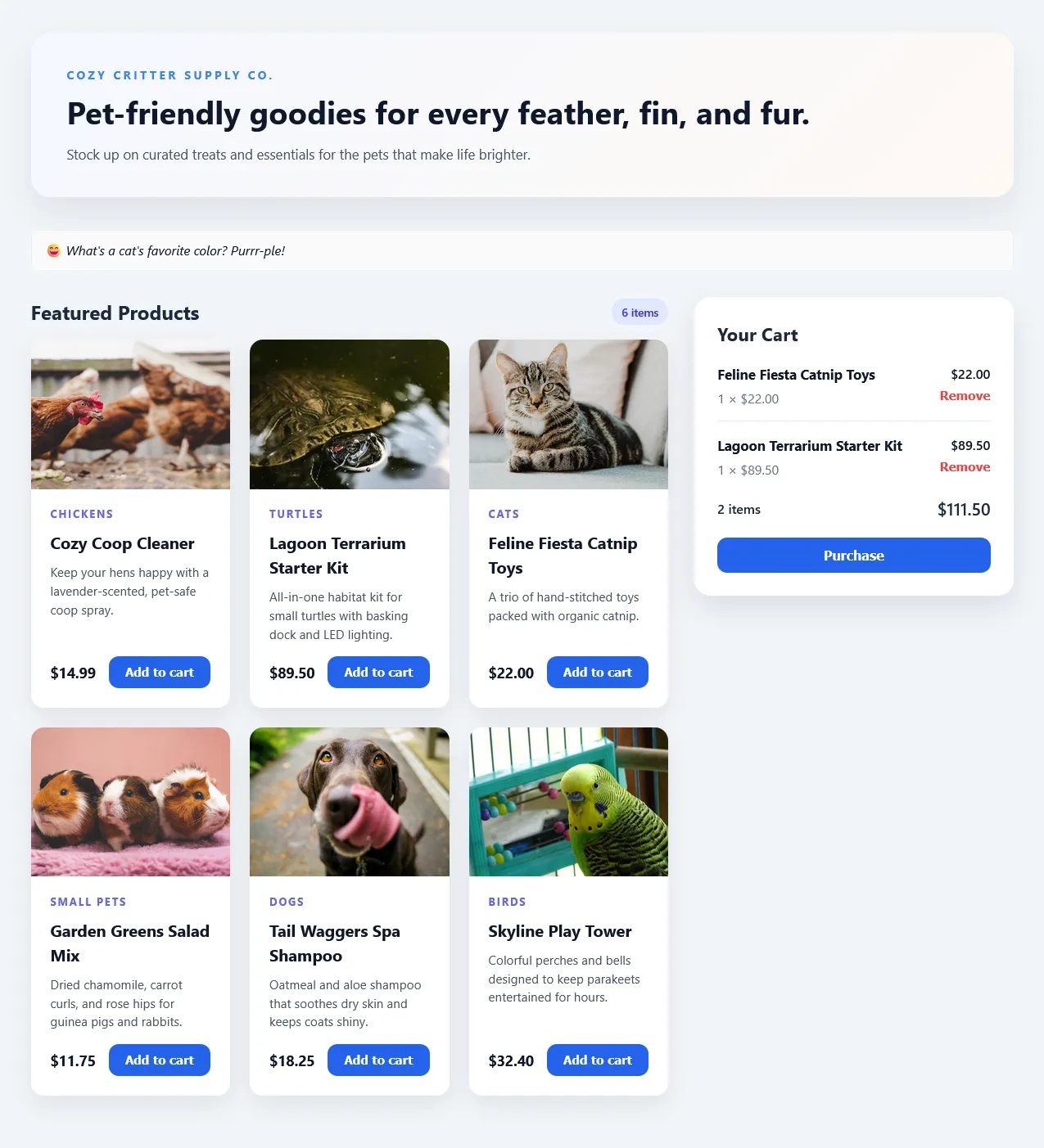 Screenshot of Pet supplies web page
