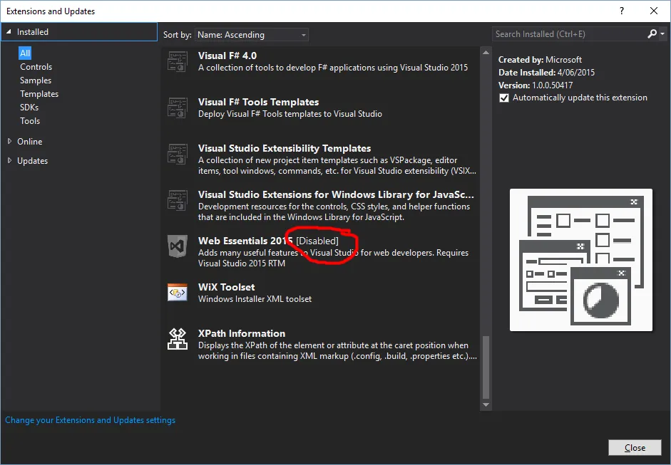 Visual Studio Extensions and Updates dialog, showing disabled extension