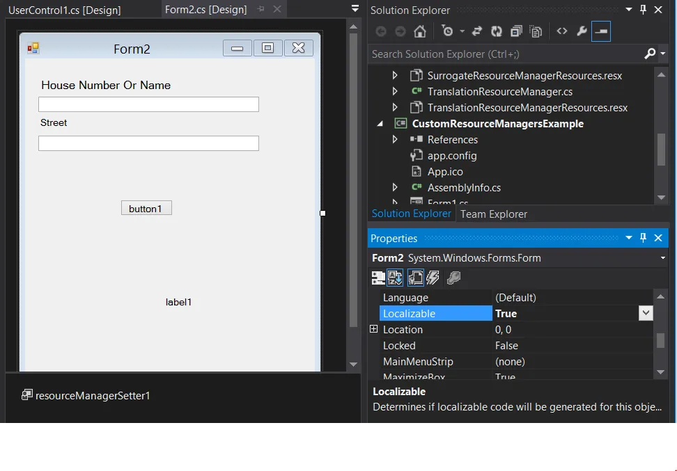 Visual Studio designer showing properties window with Localizable set to true
