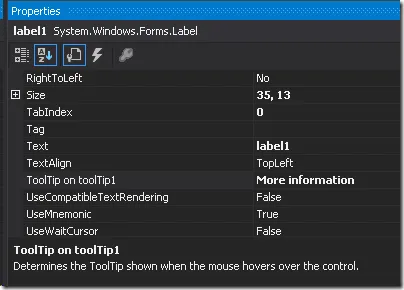 Properties window showing Tooltip property