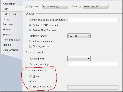 Treat warnings as errors in Project Properties