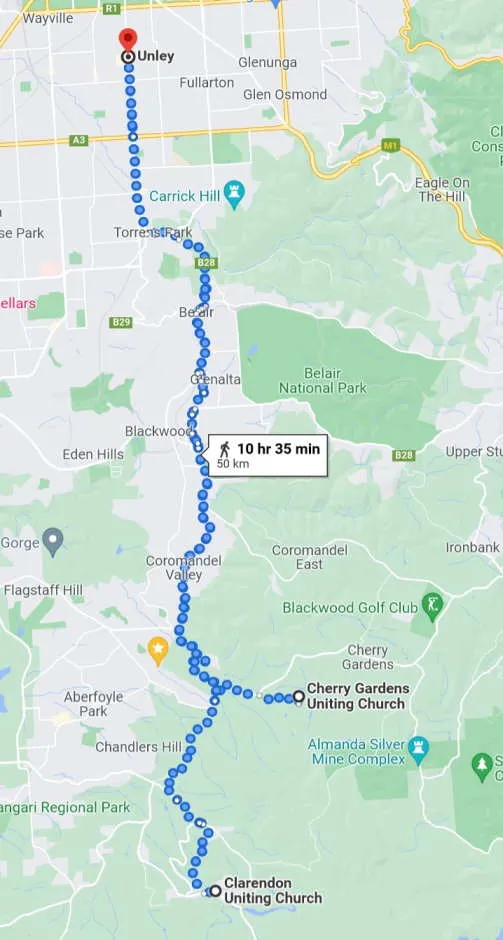 Map showing trip from Unley to Cherry Gardens and Clarendon