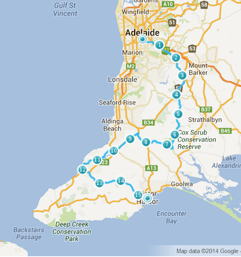 Route map from Unley to Victor Harbor