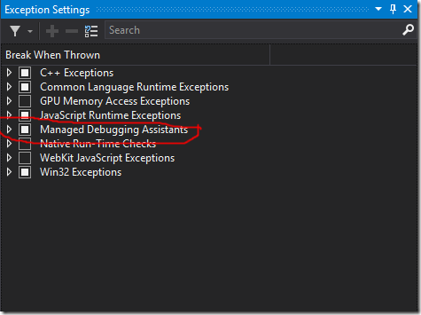 Visual Studio 2015 Exception Settings window