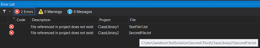 Visual Studio Error List, with two missing file errors