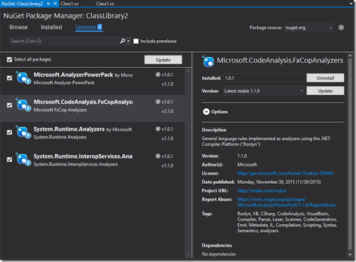 NuGet Package Manager, showing 4 packages with updates