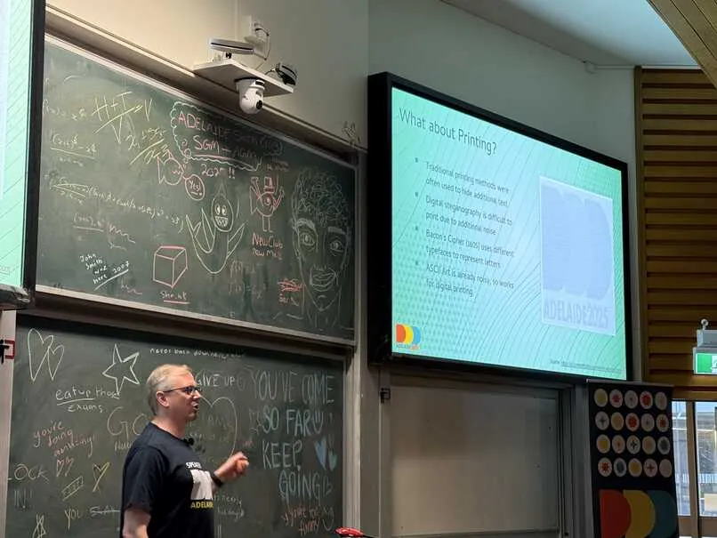 James Bannan presenting on the history of Steganography