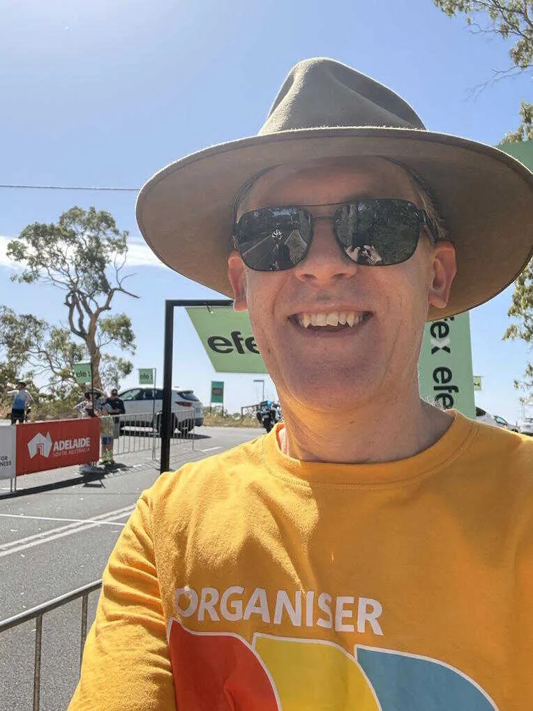 David wearing sunglasses and Akubra hat and yellow DDD Adelaide t-shirt