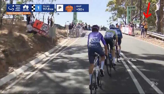 Still of Tour Down Under TV footage, showing David and Jane on the right