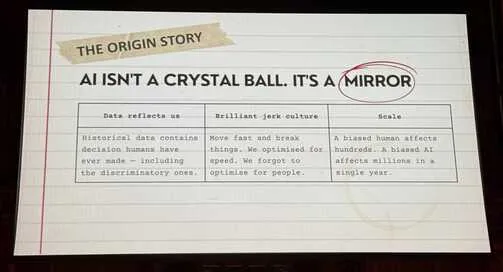 Slide: The origin story. AI isn't a crystal ball, it's a mirror