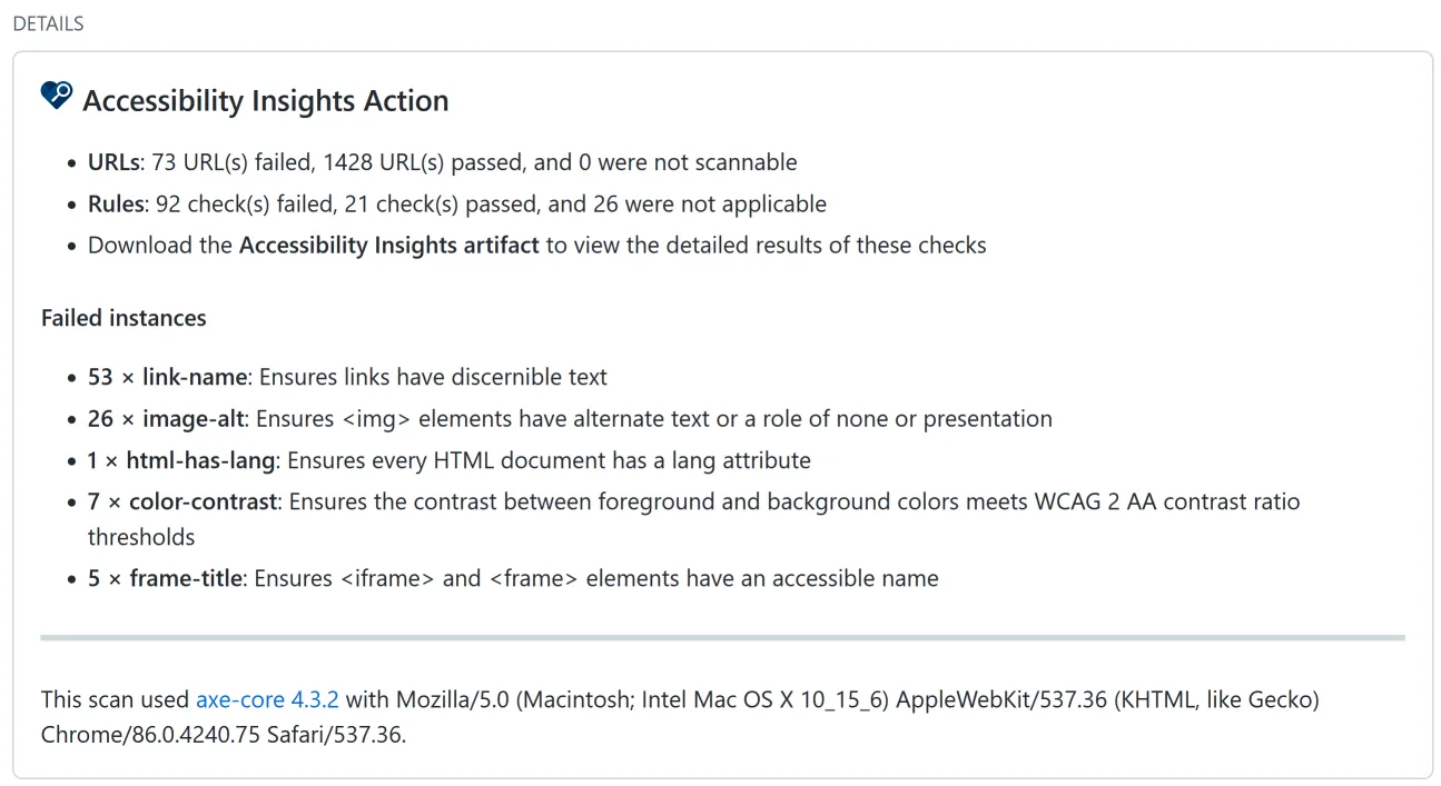 Accessibility report screenshot