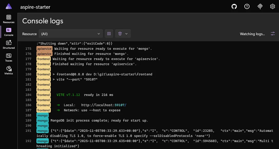Aspire dashboard showing aggregated console output