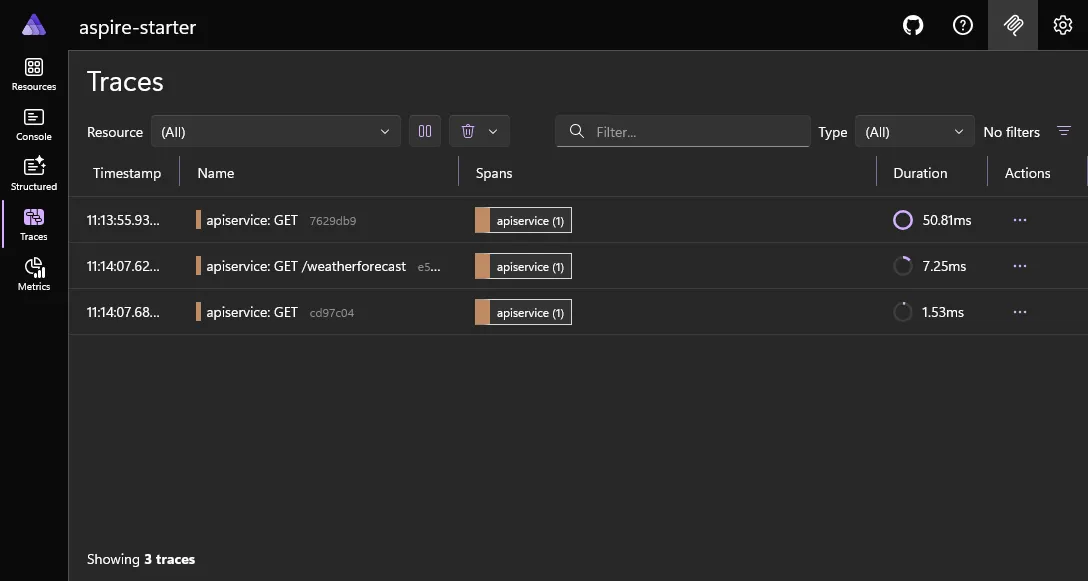 Aspire dashboard showing traces