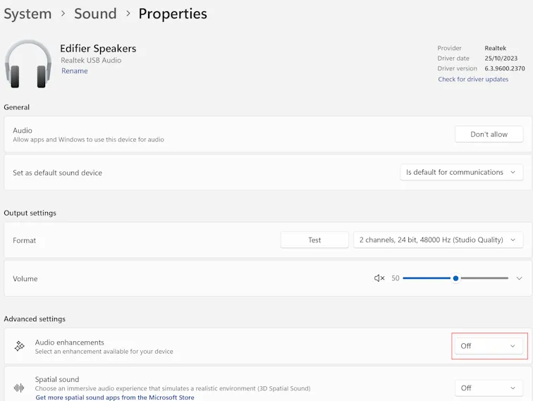 Windows Settings, showing audio enhancements set to 'off' for audio device