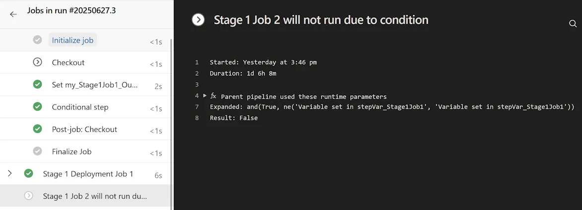 Screenshot of pipeline run with custom conditions. A conditional step in the first job has been executed. Stage shows that it was not executed as the condition evaluated to false