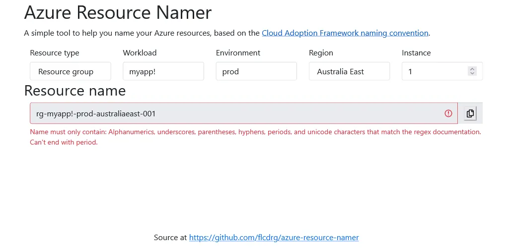 Screenshot of invalid character