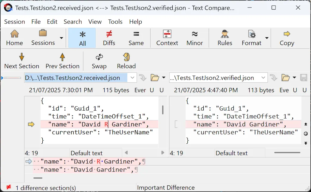 Screenshot of Beyond Compare showing the &#x27;name&#x27; line different because the received data includes a middle initial that isn&#x27;t present in the verified data