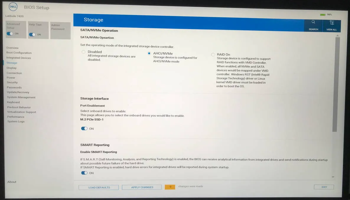 UEFI BIOS settings, storage screen