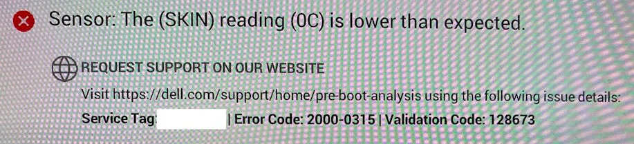 Screenshot of SKIN sensor error message
