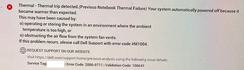 Screenshot of error 'Thermal trip detected' and system automatically powered off