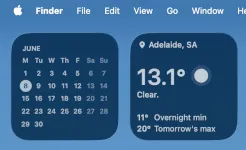 Screenshot of macOS desktop showing calendar and Adelaide weather gadgets