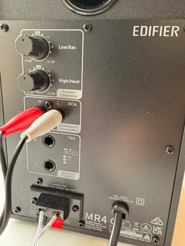 Rear view of speaker showing input jacks and bass/treble knobs