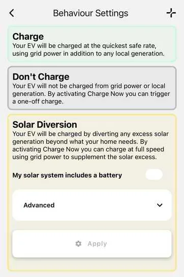 Screenshot of Evnex app behaviour settings