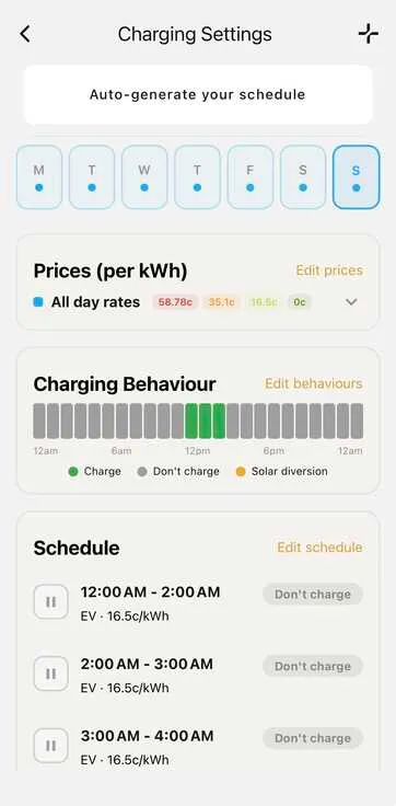 Screenshot of Evnex app charge settings