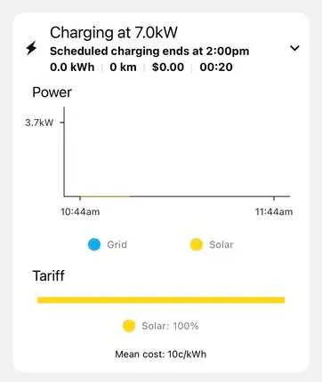 Screenshot of Evnex app current charging session details