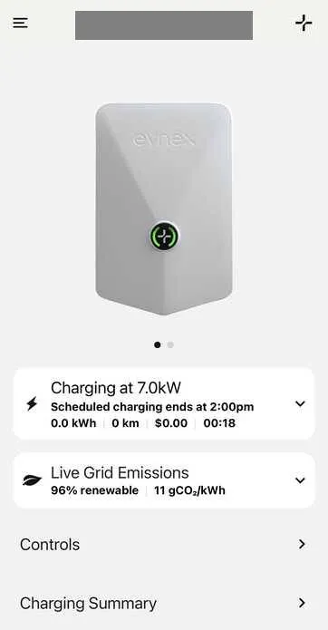 Screenshot of Evnex app home screen