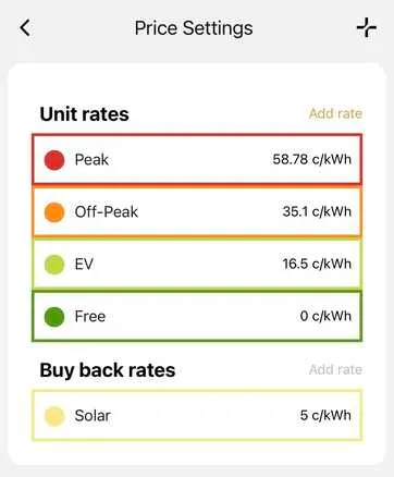 Screenshot of Evnex app price settings