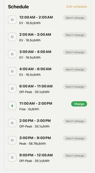 Screenshot of Evnex app edit schedule