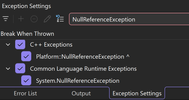 Screenshot of Exception Settings window in Visual Studio
