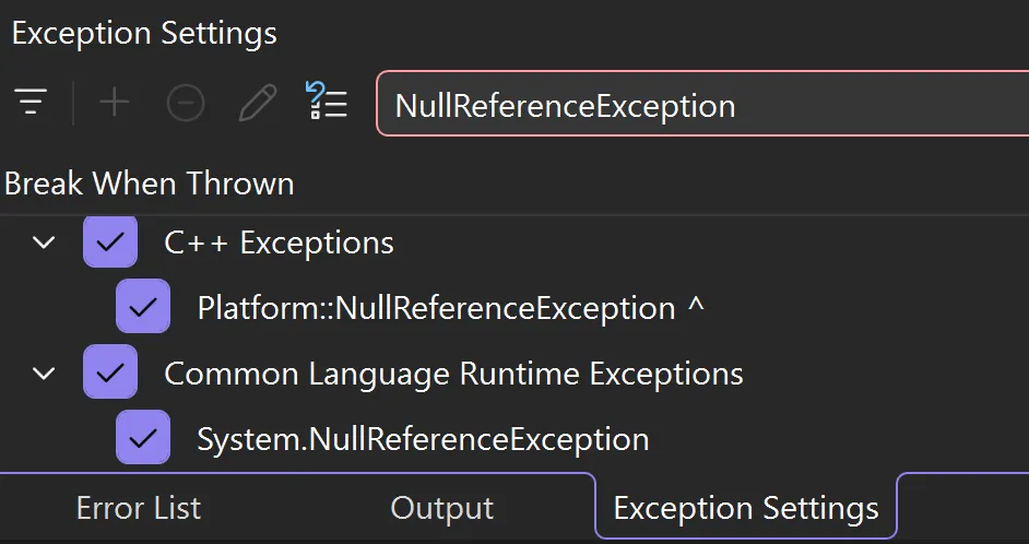 Screenshot of Exception Settings window in Visual Studio