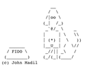 The FidoNet logo, showing a dog holding a floppy disk, next to a doggy bowl with the name 'Fido' on it. Artwork is in ASCII art