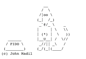 The FidoNet logo, showing a dog holding a floppy disk, next to a doggy bowl with the name &#x27;Fido&#x27; on it. Artwork is in ASCII art
