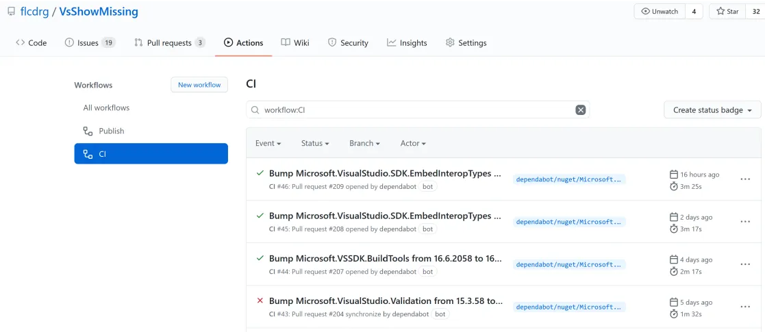 GitHub Actions workflow history