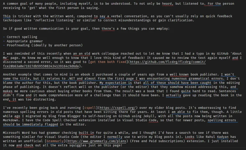 Screenshot of Grammarly warnings