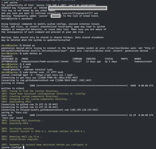 Screenshot of terminal session enabling HACS download