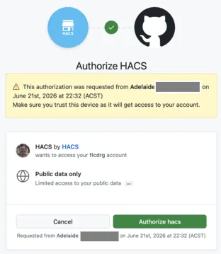 Screenshot of HA authorising HACS