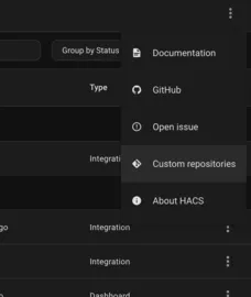 Screenshot of HACS showing custom repositories menu item