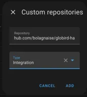 Screenshot of HACS entering GloBird custom repository details