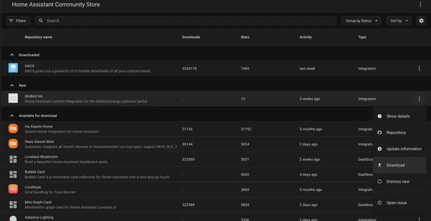 Screenshot of HACS store showing