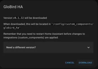 Screenshot of HACS store downloading GloBird