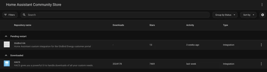 Screenshot of HA showing GloBird integration pending restart
