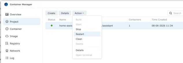 Screenshot of Synology showing Container Manager