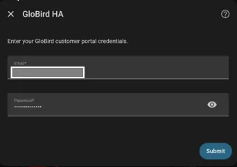 Screenshot of HA entering GloBird credentials