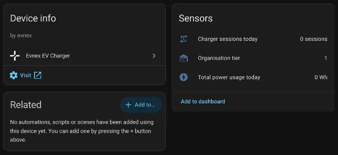 Screenshot of Home Assistant Evnex integration