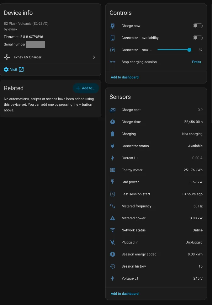 Screenshot of Home Assistant Evnex integration
