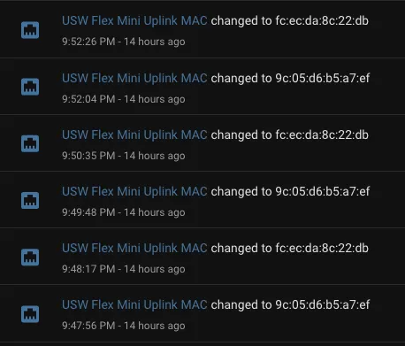 Screenshot of Activity page in Home Assistant showing USW Flex Mini Uplink MAC address changing frequently